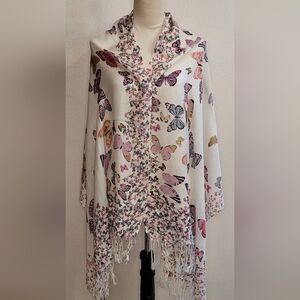 Butterfly/ Monarca/ Mariposas / Fringe/White & Red/Multicolo Rebozo, Scarf, Wrap